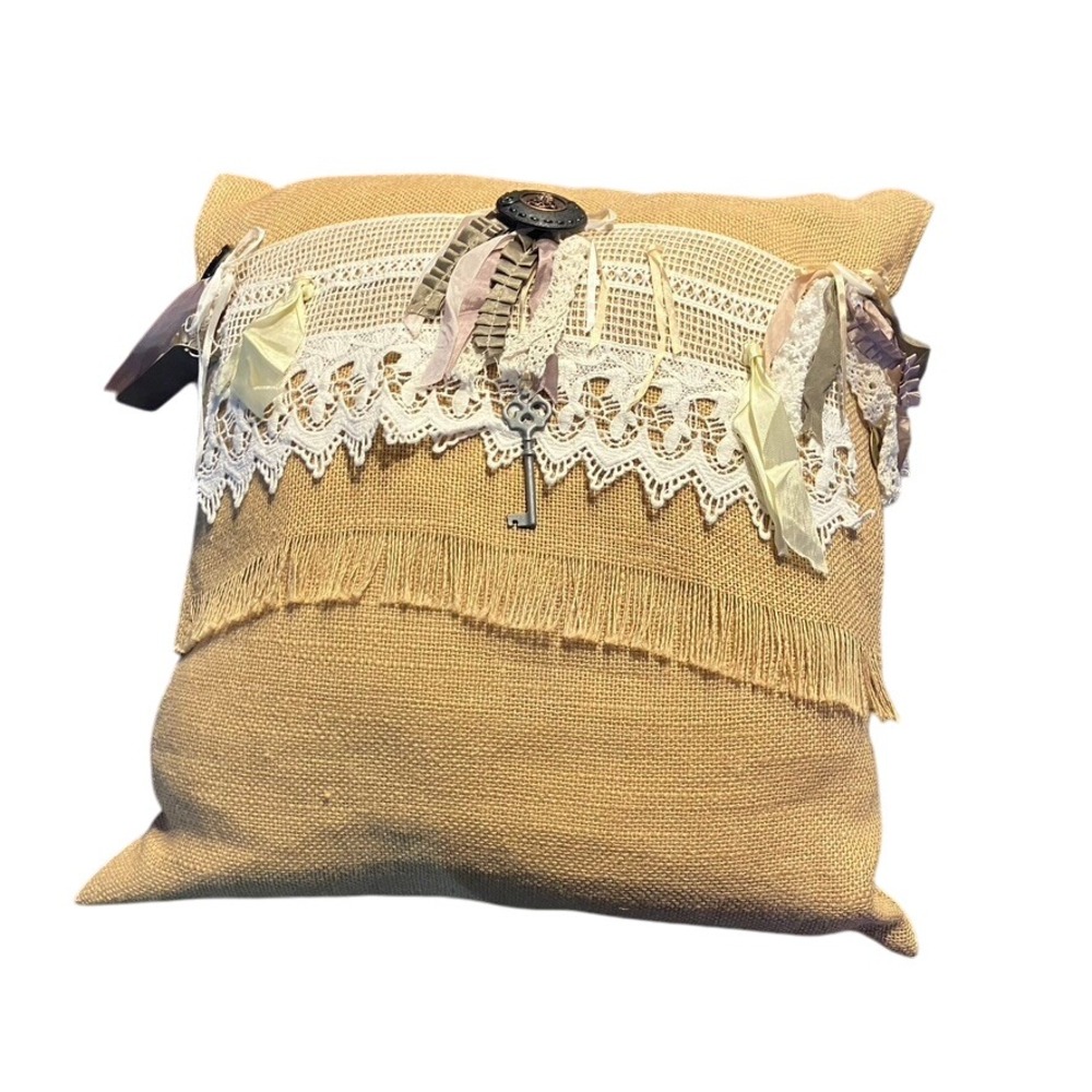 Shabby Chic Burlap Lace Button Key Farmhouse Throw Pillow Decorative Accent